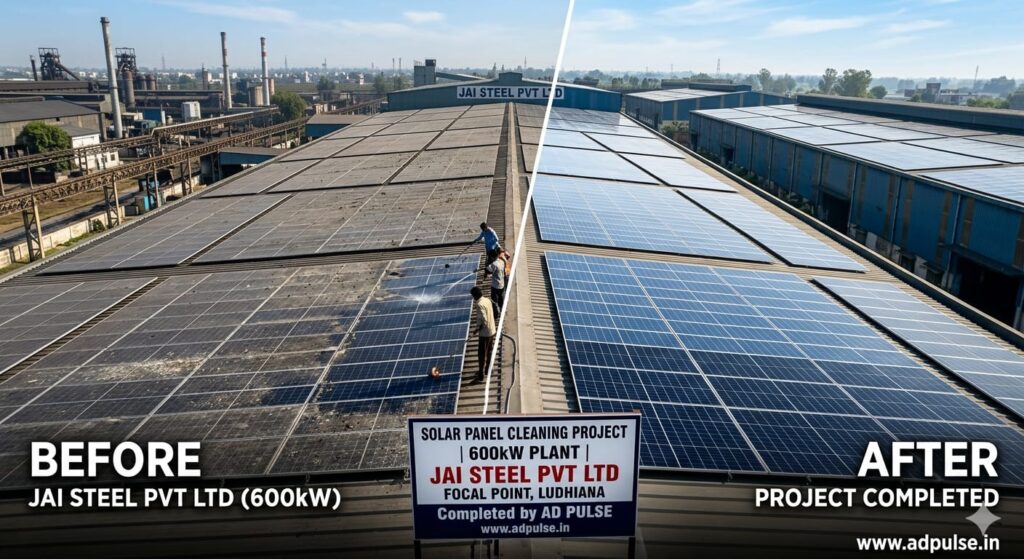 Best solar panel cleaning completed project in Ludhiana Punjab by AD Pulse – before and after results