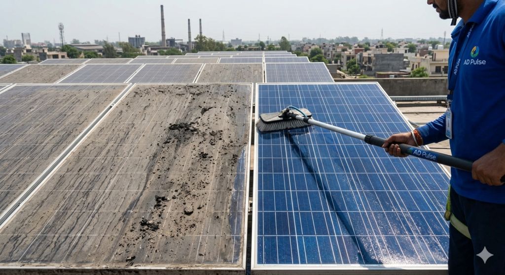 Close-up view of solar panels heavily obscured by brown industrial grime, showing the need for professional solar panel cleaning services in Ludhiana.