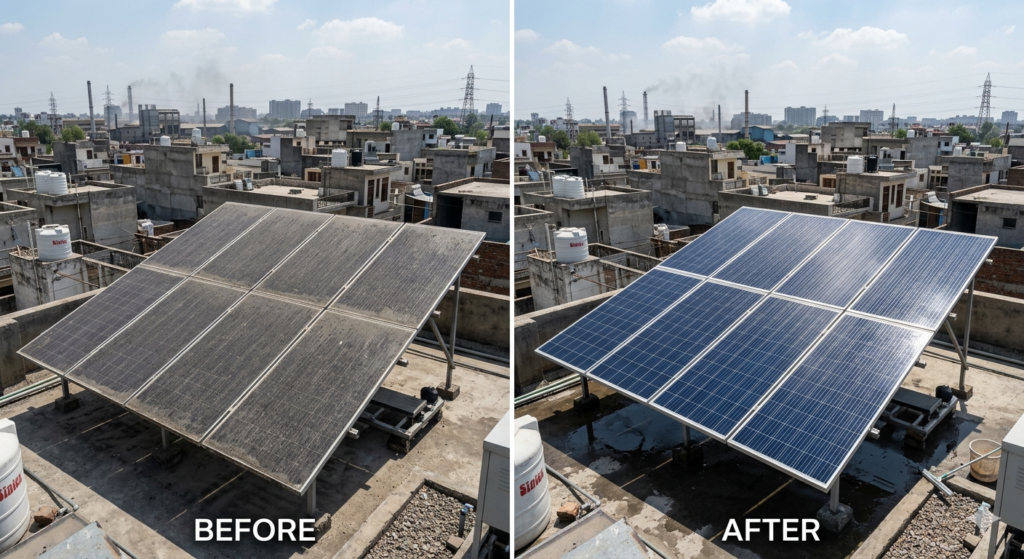 Before and after solar panel cleaning Ludhiana showing 30% efficiency boost
