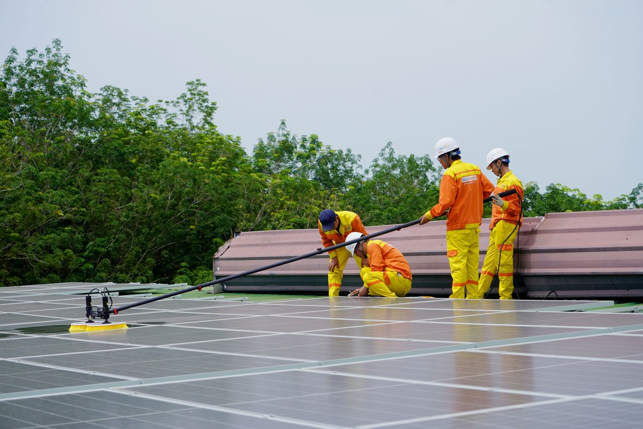 gallery-3 A team of workers cleaning solar panels on a sunny day, focusing on renewable energy maintenance.