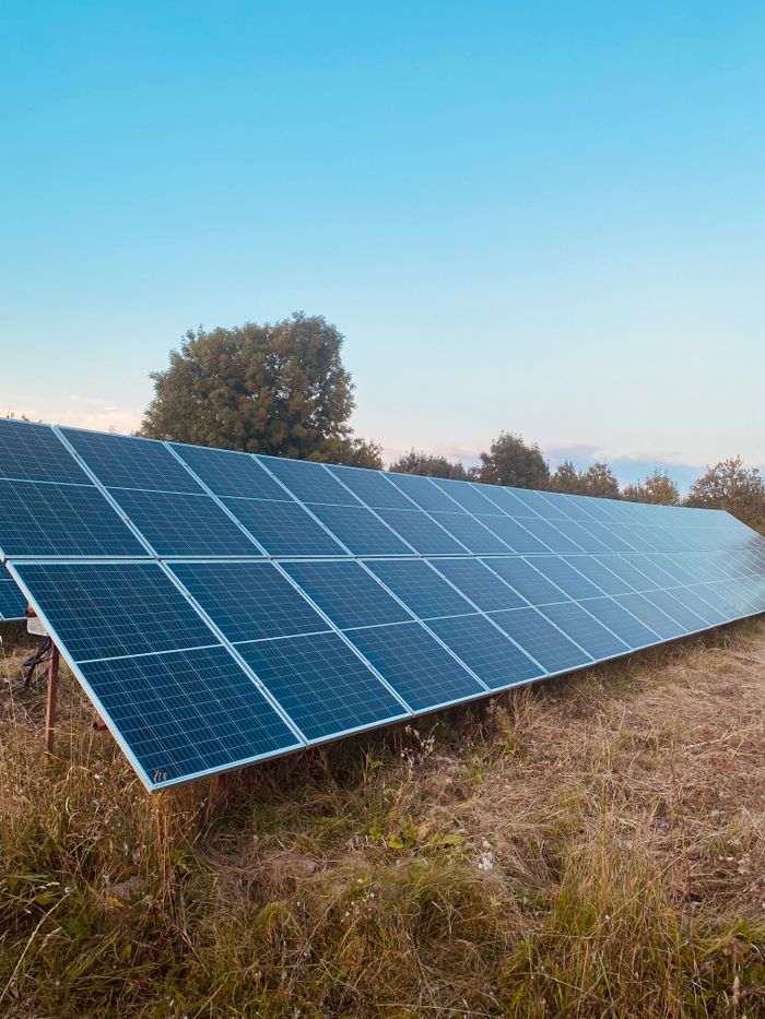 gallery-2 Rows of solar panels in a field harness clean energy under a clear blue sky.